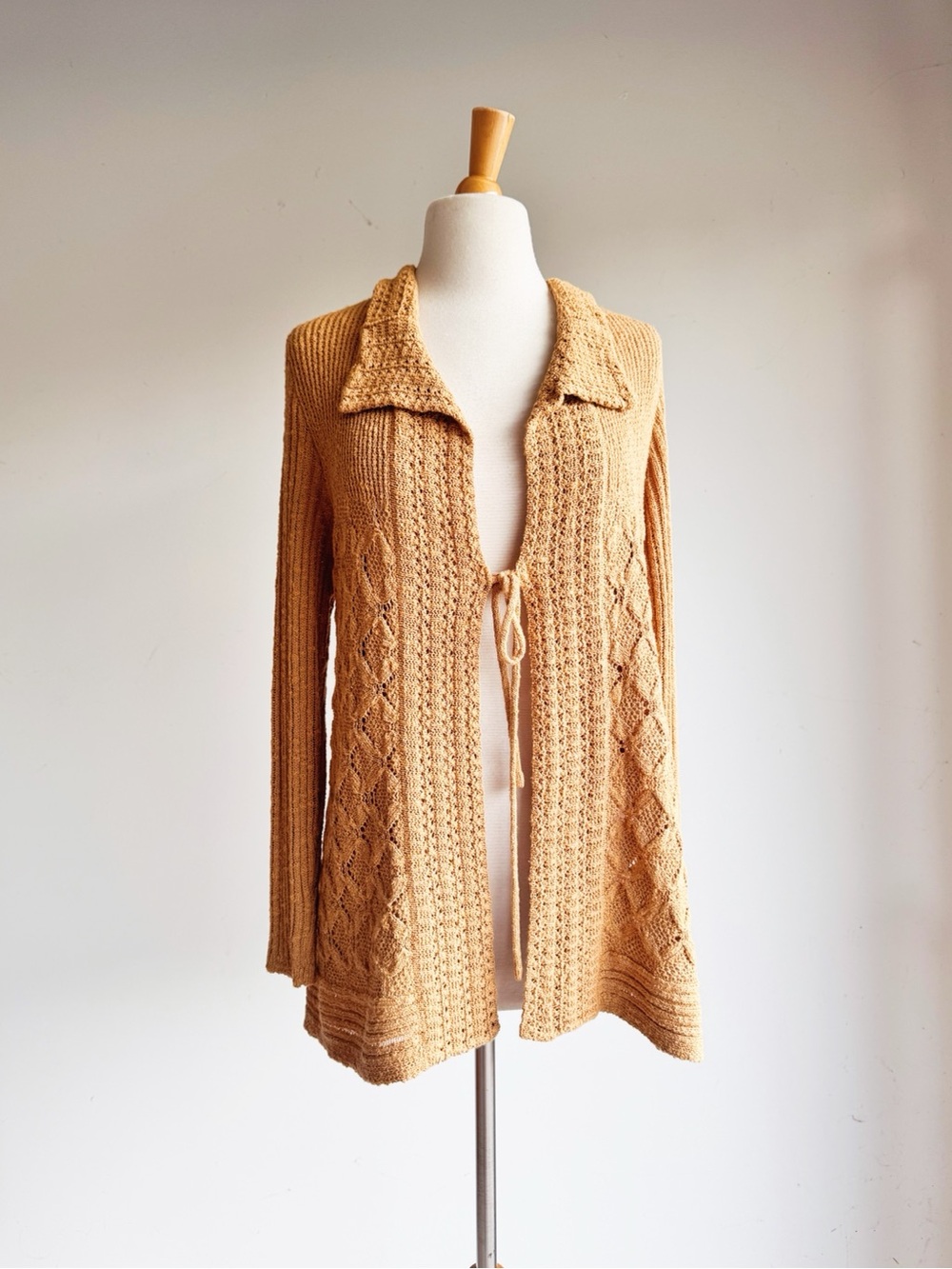 Skye's The Limit Warm Tan Open Knit Cardigan Tie Front Boho Medium Petite